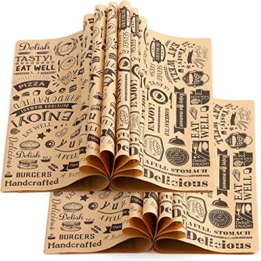 Imagem de Folhas de papel encerado delicatessas bandeja resistente à gordura forros de cesta quadrados para cachorro-quente papel de jornal branco papel de embrulho sanduíche à prova de água e gordura para assar alimentos, 30 x 30 cm (400, marrom)