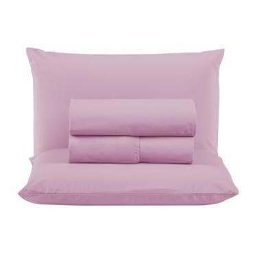 Imagem de Jogo de Lençol Super King 300 Fios 100% Algodão Extra Macio 4 Peças Conjunto com Elástico Fronhas (Rosa)