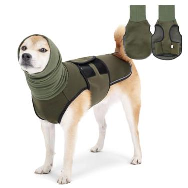 Imagem de Colete com capuz calmante para cães, jaqueta respirável para ansiedade com capa de cabeça para alívio da ansiedade e proteção de orelha, arnês ajustável com capuz macio para cães (verde, médio)
