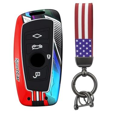 Imagem de HIBEYO Capa de chaveiro de 4 botões compatível com BMW 1 3 4 5 6 7Series X3 X4 X5 X6 M5 M6 3GT 5GT Acessórios Metal Painted Sports Style Key Shell with American Flag Keychain-A Type 4 Button Red