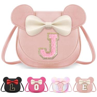 Imagem de izuzta Bolsa infantil para crianças 1 2 3 4 5 6 7 8 anos de idade bonito mouse orelha laço bolsa transversal presente de aniversário, Grande/bolsa rosa/letra rosa, J, J