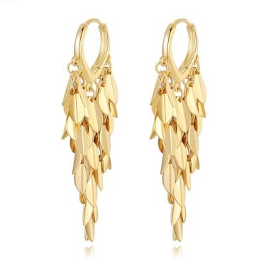 Imagem de Hius Brincos femininos de argola folheados a ouro 18K, brincos longos com borla pendentes, brincos de lustre de ouro grosso, Normal, Cobre, Sem pedra preciosa