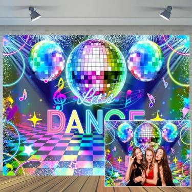 Imagem de Pano de fundo de festa discoteca de 3 x 2,4 m Vamos dançar neon discoteca colorido fundo de festa musical infantil hip hop dança aniversário decorações banner cabine de fotos adereços