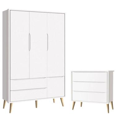 Imagem de Cômoda Gaveteiro Infantil e Guarda Roupa 3 Portas Theo Branco Acetinado Pés Madeira Natural – Reller