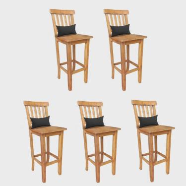 Imagem de Kit 05 Banqueta Alta Com Encosto Wood Madeira Maciça Peroba Rosa Com Almofada Suede Preto - Ahz Móveis