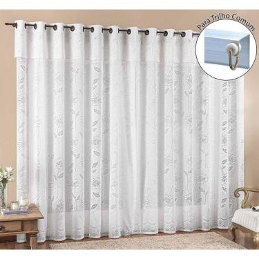 Imagem de Cortina Luna 3 Metros Para Trilho Comum Branca Renda Floral Sala Ou Quarto