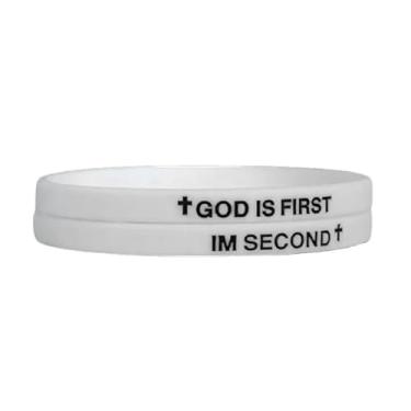 Imagem de GIKILEE Pulseira God Is First Christian Rubber Cross God Is FIRST IM SECOND Religious Faith Bible Verses Bracelet for Women Men Motivational Encouragement Gifts, 0.1, Acrílico, Sem Pedra Preciosa