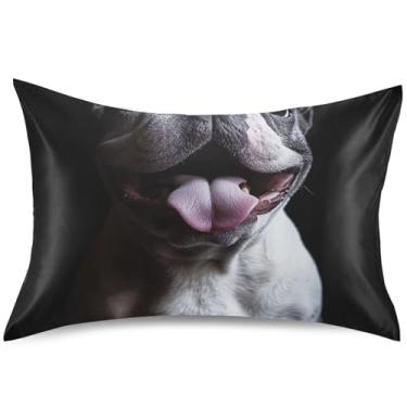 Imagem de Fronha de cetim de close-up buldogue francês sorridente para cabelo fronhas refrescantes florais travesseiro padrão queen king size para sofá cama de casa, tamanho Queen, 76,2 cm x 50,8 cm