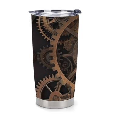 Imagem de LMNGH Copo de aço inoxidável de 590 ml com tampa, copo isolado a vácuo, engrenagens, relógio bronze centésimo, caneca de café para viagem, copo isolado de parede dupla para copo de carro reutilizável