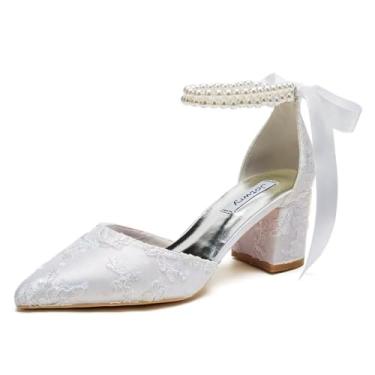 Imagem de Jotwry Sapatos de casamento salto bloco para noiva bico fino pérola casamento sapatos de noiva, Renda branca, 35