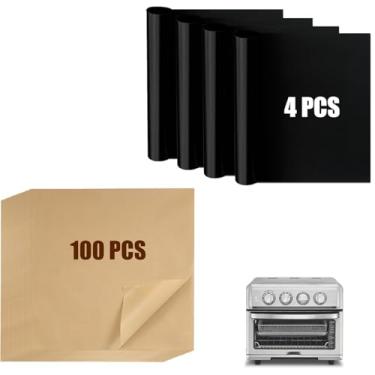Imagem de Forros de fritadeira de ar compatíveis com Cuisinart Air Fryer Cuisinart forno de convecção torradeira, 100 peças de papel manteiga cru e 4 peças de tapete antiaderente