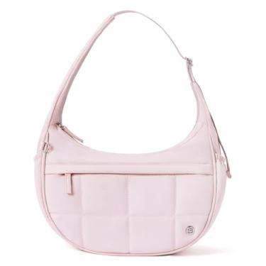 Imagem de POIUGOYA Bolsa de ombro de nylon para mulheres, pequena bolsa crescente acolchoada, bolso com zíper triplo, mini bolsa fofa para viagem/fitness/atividades ao ar livre, Rosa claro, Casual