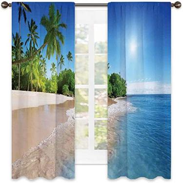 Imagem de Cortina tropical, palmeiras tropicais oceânicas na praia da ilha ensolarada, imagem panorâmica, cortinas blackout com absorção de som para decoração de sala de jantar/festa, L 130 x C 150 cm, branca,