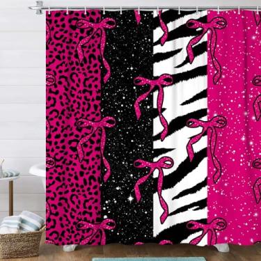 Imagem de Xguatan Cortina de chuveiro de tecido com estampa de leopardo, rosa, preto, branco, estampa de pele de guepardo, laço de pele de animal selvagem, impermeável, poliéster, conjunto de decoração de casa