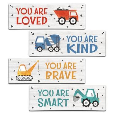Imagem de ISOVF 4 peças de veículos de construção, decoração de parede de quarto infantil, placa de madeira - arte de parede motivacional para quarto de crianças, berçário, sala de jogos, sala de aula, B01
