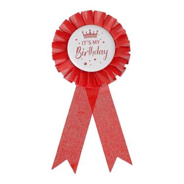 Imagem de PATIKIL Fita de aniversário de 15 cm x 7,6 cm, broche de crachá de folha de flandres em tecido It's My Birthday Pin para decoração de festa, acessório de celebração, branco/vermelho escuro