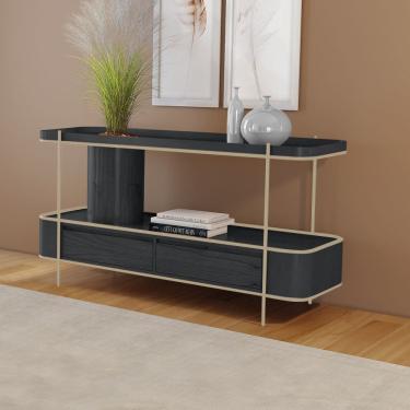 Imagem de Aparador Sala de Jantar Cachepot em Madeira Maciça Ébano 2 Gavetas Estrutura Metal Champagne