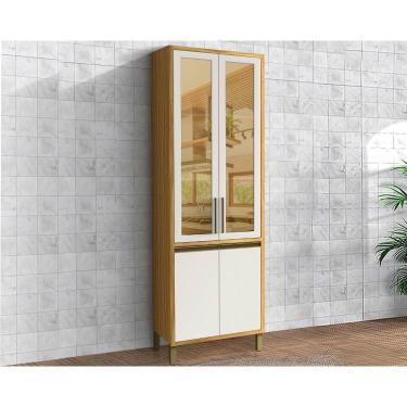 Imagem de Paneleiro de Cozinha Cristaleira Tempranillo c/ 4 Portas (2 c/ Vidro Reflecta) 70x230cm Amendoa/Off White - Ronipa