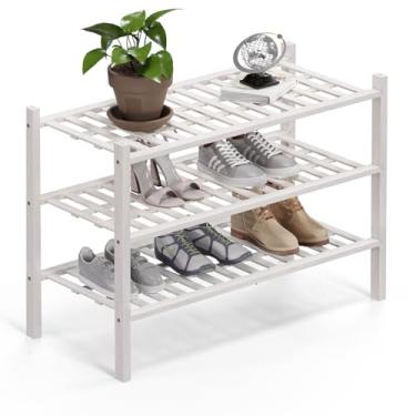 Imagem de Haddockway Organizador de armazenamento de sapatos de bambu de 3 níveis, prateleira empilhável multifuncional com painel de grade para armário, corredor, entrada, espaço pequeno 68 x 28 x 50 cm