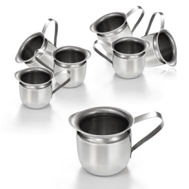 Imagem de [Pacote com 6] Jarro de creme de 85 g - Cremes de sino de aço inoxidável, recipiente de minicaneta para servir leite, creme de café, molho de salada, xarope de bordo, açúcar, máquina de café expresso para restaurantes, cafés, usados em casa