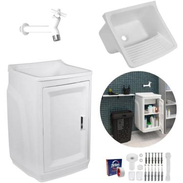 Imagem de Gabinete Lavanderia C/ Tanque Branco + Torneira + Veda Rosca