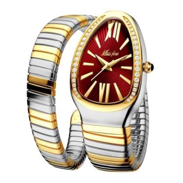 Imagem de DAXIAOYU Relógio clássico em forma de cobra, pulseira escalável, dourado, prata, relógios femininos, diamantes brilhantes, quartzo, relógio de pulso feminino, prata-ouro - vermelho