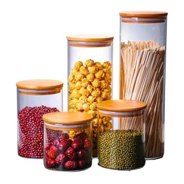Imagem de Conjunto de 5 Potes de Vidro Herméticos com Tampa de Bambu, Organizadores para Cozinha, para Mantimentos, Grãos, Café