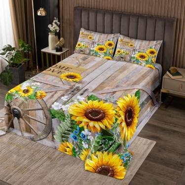 Imagem de Conjunto de cama king size com girassol, colcha rústica de fazenda, flores de primavera, conjunto de edredom para crianças, meninas, mulheres, meninos, decoração de quarto com tema de casa, porta de