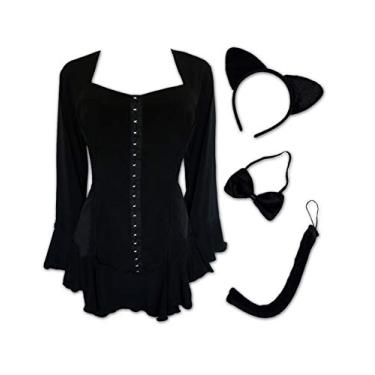 Imagem de Dare to Wear Fantasia de gatinho: Orelhas, gravata borboleta, cauda e top corsetta feminino vitoriano gótico plus size, preto 4X
