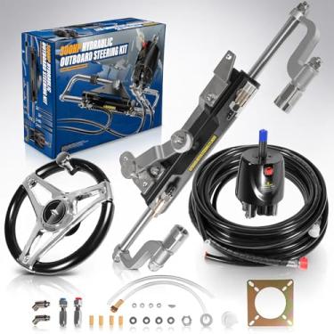 Imagem de Sistema de direção hidráulica externa de 300HP para barcos – com volante de liga de alumínio antiderrapante de 13 polegadas, bomba de leme, cilindro bidirecional, mangueiras cortáveis de 8 metros