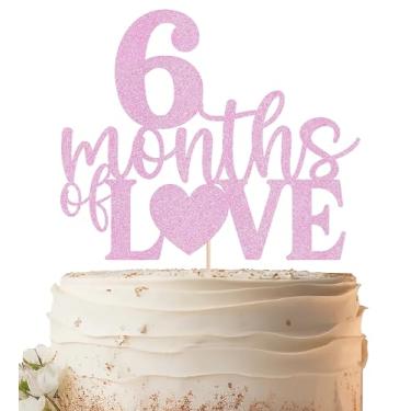 Imagem de EONNCNT Topo de bolo 6 meses de amor - suprimentos de decoração de bolo de meio aniversário com glitter rosa para chá de bebê, revelação de gênero ou suprimentos de festa de aniversário de 1/2