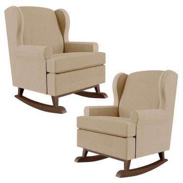 Imagem de Kit 02 Poltronas De Amamentação Com Balanço Malu Base De Madeira P02 Linho Bege Escuro - Lyam Decor