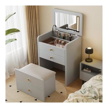 Imagem de Escrivaninha de penteadeira Mesa de penteadeira com espelho flip top, maquiagem banco almofadado, compacta, conjunto para quarto(Gray)