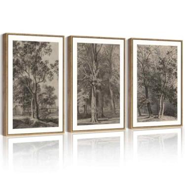 Imagem de PHOPAGO Arte de parede emoldurada de árvore vintage grande 40,6 x 61 cm decoração de parede retrô floresta natureza natureza natureza esboço pinturas modernas quarto sala de estar decoração - moldura