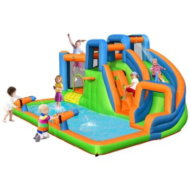 Imagem de Parque Aquático Inflável 7 em 1, até 150 kg com Parede de Escalada, Escorregador e 2 Canhões de Água, BOUNTECH, Colorido