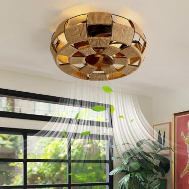 Imagem de Ventiladores de teto vintage com luzes e controle remoto, ventiladores de teto de corda de cânhamo enjaulados com lâmpadas reversíveis reguláveis, luz de ventilador de teto 6 velocidades sil