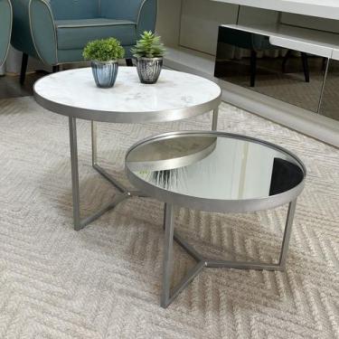 Imagem de Conjunto Mesa de Centro Redonda Dallas Marmo Branco com Espelho - BELI