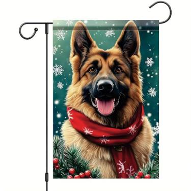 Imagem de Saoplasa Bandeira de jardim de Natal, 30,5 x 45,7 cm, pastor alemão, com cachecol vermelho e flocos de neve, faixa de gramado para varanda e quintal