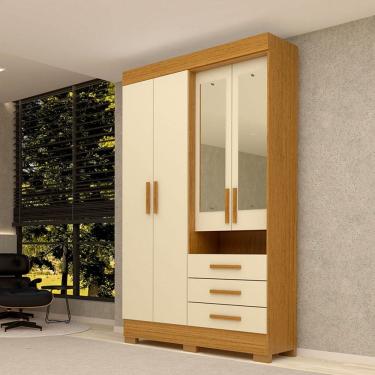 Imagem de Guarda-Roupa Solteiro Débora Capelinha 4 Portas 3 Gavetas com Espelho 100% Mdf Cinamomo/Off White - Acp Móveis