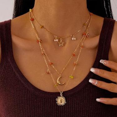 Imagem de Colar feminino com pingente de sol e lua, dourado, elegante, ajustável, colorido, acessórios de estilo retrô, gargantilha de estrela inspirada em design para festa