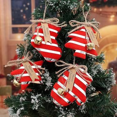 Imagem de Conjunto de 4 peças criativas de enfeites de árvore de Natal para pendurar em feltro listrado vermelho, ornamentos artesanais com sinos dourados e etiquetas de feliz Natal, decoração de Natal para