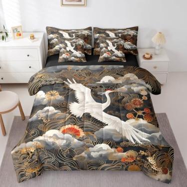 Imagem de Erosebridal Jogo de cama solteiro com estampa de guindaste de corva-vermelha, 7 peças, para crianças, meninos, meninas, pintura a tinta, natureza, com ondulações douradas, conjunto de lençol com