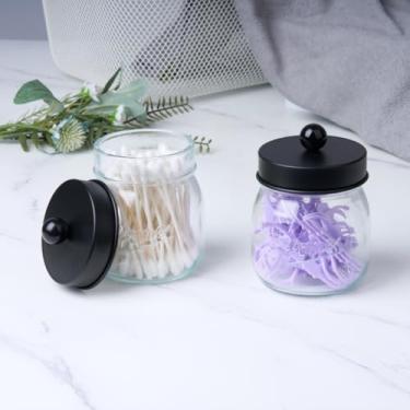 Imagem de Dispensador de suporte Qtip Mason Jar com tampa, frascos de boticário de vidro, recipientes de banheiro para cotonetes, bolas, almofadas, palhetas de fio dental, organizador de armazenamento de