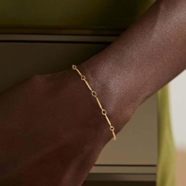 Imagem de Pulseira feminina banhada a ouro 14 K, fina, feita à mão, simples, ajustável, pulseira de corrente feminina, Medium, Latão, Sem Pedra Preciosa