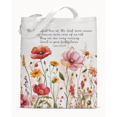 Imagem de Sacola feminina de lona Christian Wildflower Versículo da Bíblia Lamentações 3 Steadfast Love of Lord Scripture Bolsa de ombro reutilizável estética reutilizável para compras de presentes religiosos