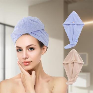 Imagem de 2 peças de toalha de cabelo de microfibra para enrolar turbantes de cabelo, toalhas de cabelo de secagem para cabelo encaracolado feminino anti-frizz - azul e cáqui