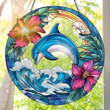 Imagem de Apanhador solar de acrílico colorido, decoração de janela suspensa de golfinho com design de vitral impresso, apanhador de sol, arte de parede de arco-íris, ideia de presente e ornamento de jardim