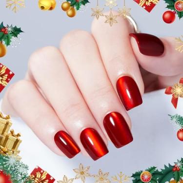 Imagem de Modelones Pregos vermelhos de olho de gato, unhas falsas quadradas curtas de outono para Halloween, kit de unhas reutilizáveis com abas adesivas de cola, mini lixa de unha, prensa de unhas, 32 peças