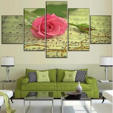 Imagem de Kit quadro decorativo 5 peças 95x60cm Flor Rosas Notas Musicais