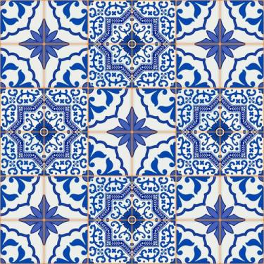 Imagem de Papel De Parede Vinílico Azulejo Português Azul e Branco Cozinha 1m - 